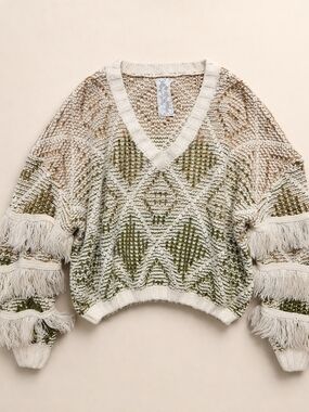 Sadie & Sage Cream and Olive Fringe V-Neck Sweater